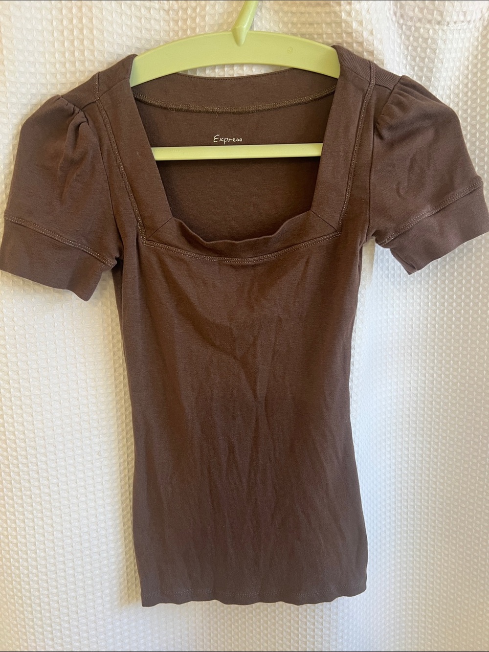 Express Brown Square Neck Short Sleeve Top
